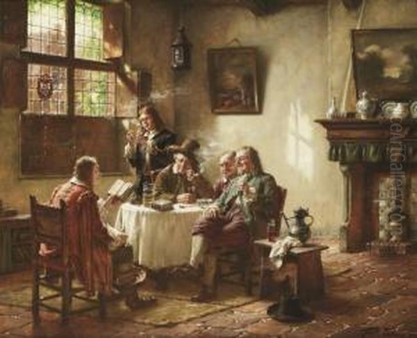 A Merry Company, Smoking And Drinking In A Sunlit Interior Oil Painting by Fritz Wagner