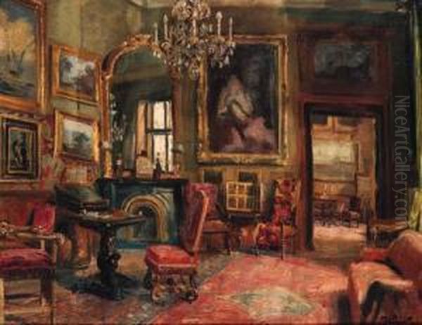 A Continental Interior Oil Painting by Geza Wagner