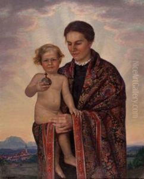 Maria Mit Dem Jesusknaben, Die Weltkugel Haltend, Im Hintergrund Blick Auf Schwanenstadt? Oil Painting by Hans Wagner