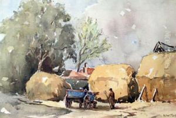 Haystacks With A Figure In Theforeground Oil Painting by Herbert William Wagner