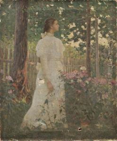 Woman In White In A Garden Oil Painting by Jacob Wagner