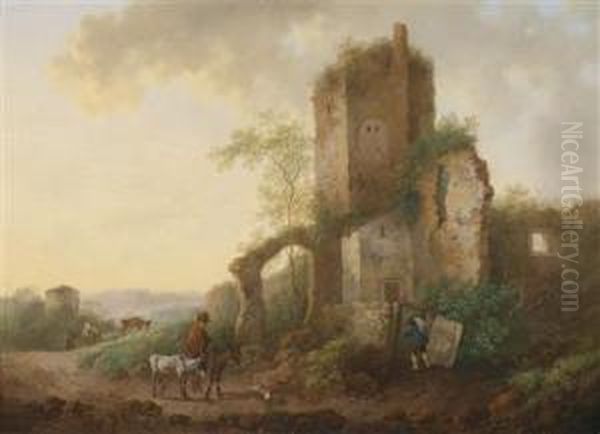 A Horseman In A Landscape With Ruins Oil Painting by Johann Georg Wagner