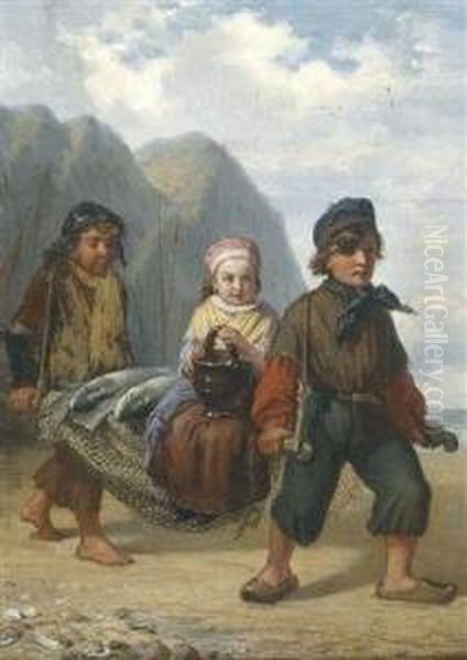 Fisher Children Returning Home With A Richcatch Oil Painting by Julius Wagner