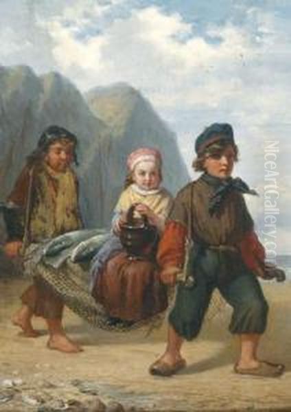 Fischerkinder Am Heimweg Mitreicher Beute Oil Painting by Julius Wagner