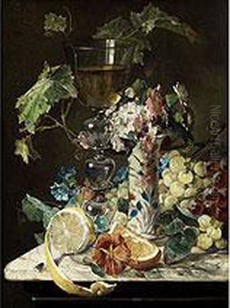 Stilleben Mit Weinpokal, Trauben Und Zitronen Oil Painting by Julius Wagner