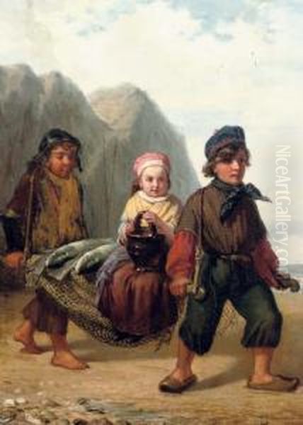 The Little Ones Bringing In The Catch Oil Painting by Julius Wagner