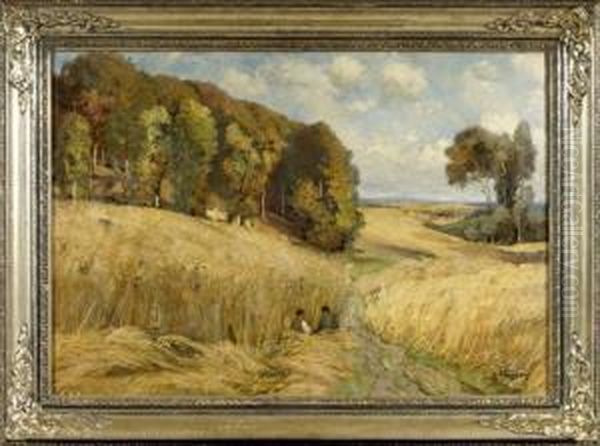 Landscape With Grainfield Oil Painting by Carl Wagner