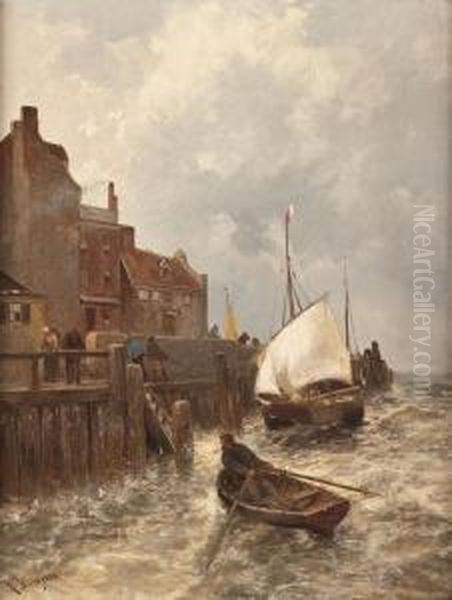 'motiv Aus Kiel' - Hafenansicht Mit Fischerbooten Oil Painting by Carl Wagner