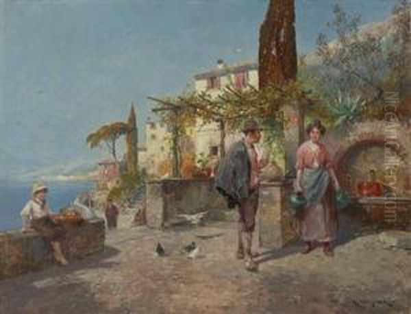 Begegnung Beim Wasserholen In Mediterranem Kustendorf Oil Painting by Carl Wagner