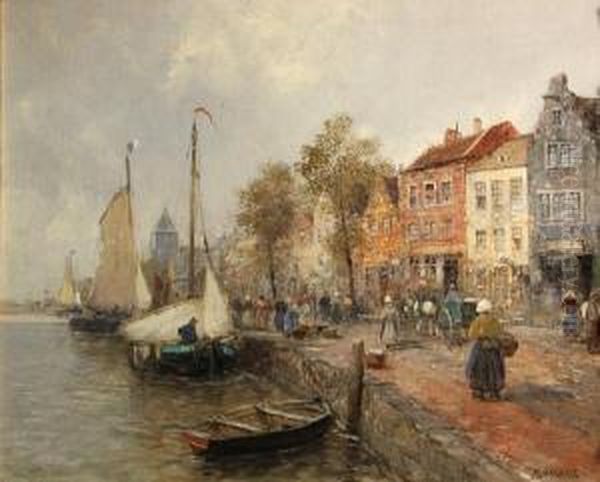 Village Port With Figures Oil Painting by Carl Wagner