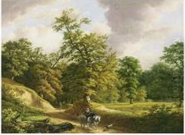 A Wooded Landscape With A Couple On A Horse-cart Oil Painting by Ludwig Christian Wagner