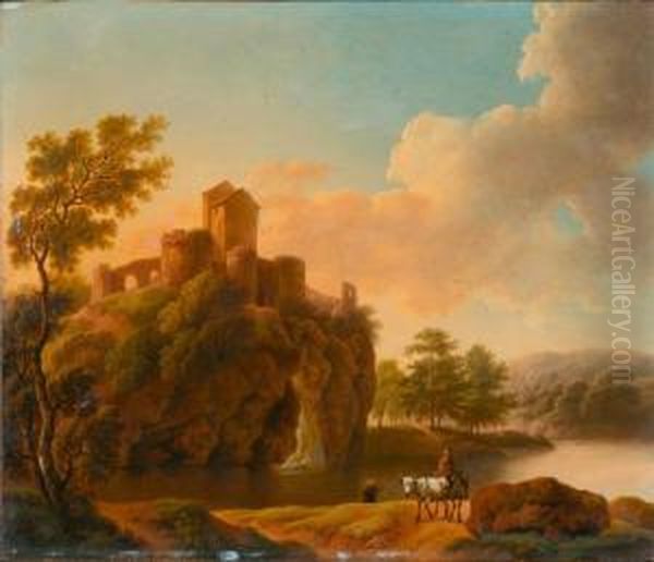 Gegenstucke: Zwei Flusslandschaften, Sonnenaufgang Und Sonnenuntergang. Oil Painting by Maria Dorothea Wagner