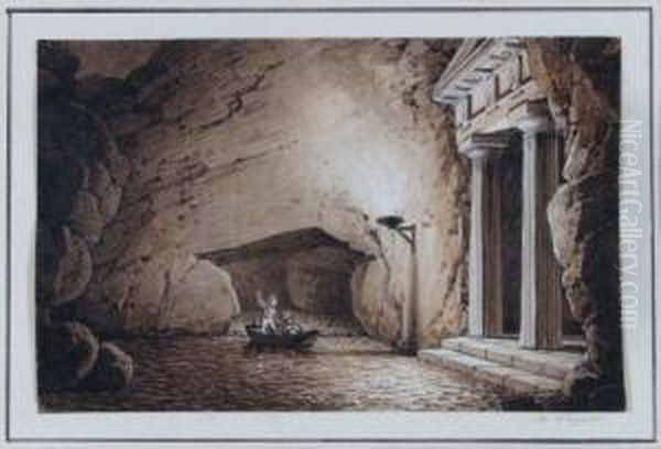 Fackelbeleuchtete Grotte Mit Tempel Und Kleinem Boot. Oil Painting by Otto Wagner