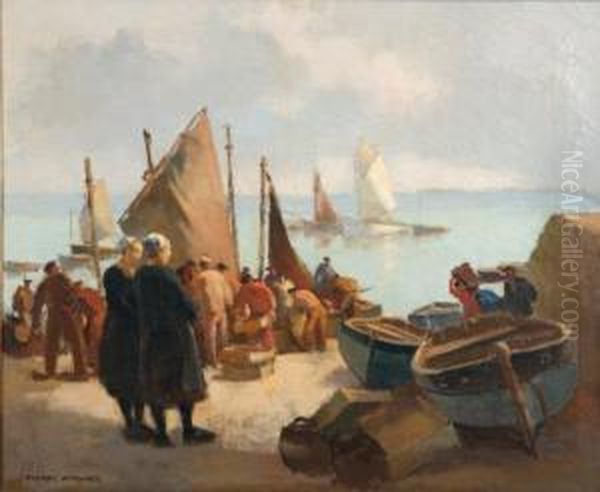 L'arrivee Des Pecheurs Dans Un Petit Port Breton Oil Painting by Pierre Wagner