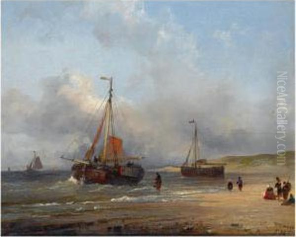 A Bomschuit In The Breakers, Scheveningen Oil Painting by Wilhelm George Wagner