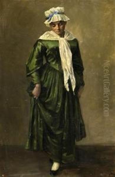 Portrait Of A Young Lady With Green Robe, Her Dark Hair Covered By A White Mobcap Oil Painting by Klara Wagner-Grosch