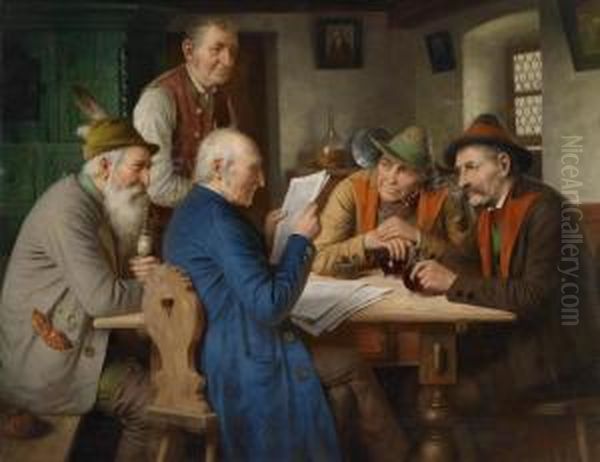 The Latest News In The Tavern Oil Painting by Josef Wagner-Hohenberg