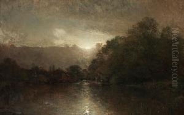 Moonlit River Landscape Oil Painting by Alfred Wahlberg