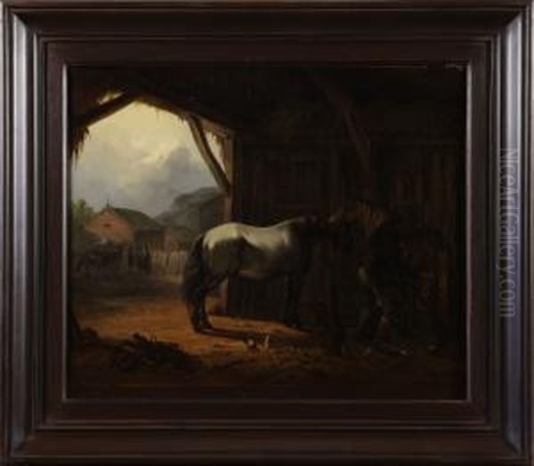 Stallinterior Oil Painting by Carl Wahlbohm