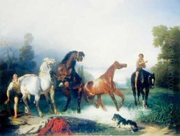 Plawienie Koni, 1863 R. Oil Painting by Carl Wahlbohm