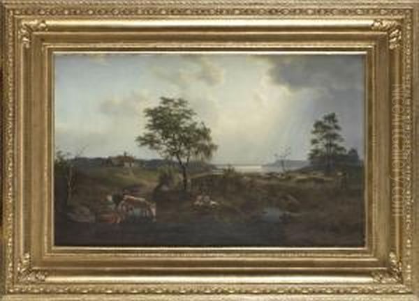 Pastoralt Landskap Med Far Oil Painting by Ernfried Wahlquist