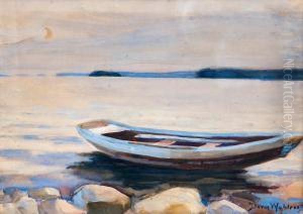 An Old Boat On The Shore Oil Painting by Dora Wahlroos