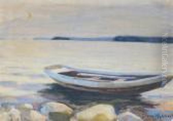 A Rowing Boat On A Lake Oil Painting by Dora Wahlroos