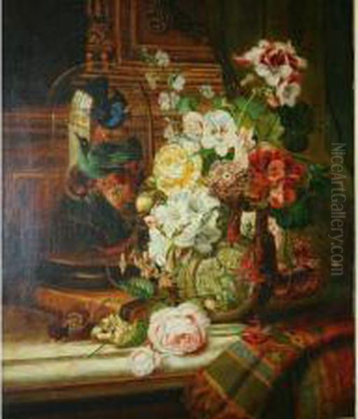 Still Life Of Flowers In A Stoneware Vase Oil Painting by John Wainwright