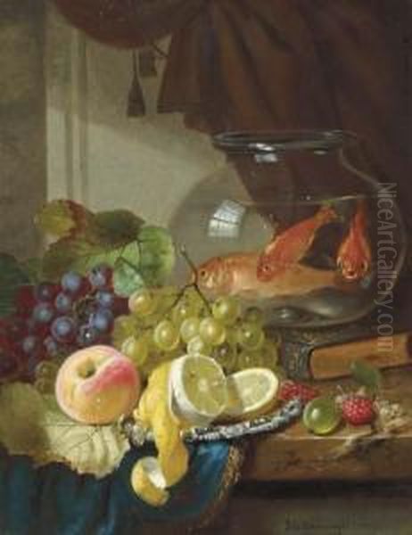 Still Life With Fruit And Goldfish In A Bowl On A Ledge Oil Painting by John Wainwright