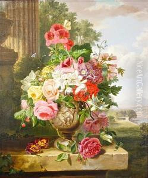 Still Life Of Roses And Other Flowers In Aclassical Urn, Before A Vista Oil Painting by John Wainwright