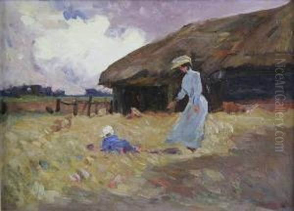 Farmyard With Mother And Child Oil Painting by Harold Waite