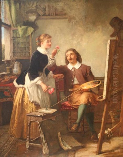 Cottage Interior Withan Artist At An Easel Offering A Young A Rose Oil Painting by James Clarke Waite