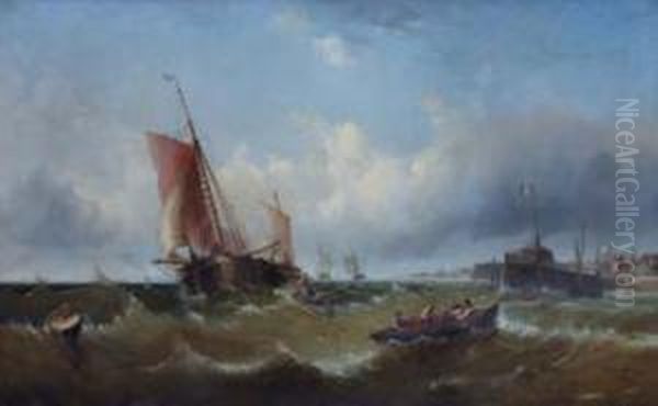 French Coastal View With Shipping Oil Painting by John Cheltenham Wake