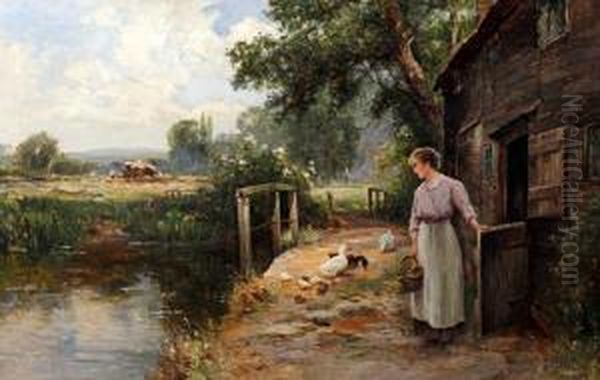 A Young Woman With Ducks By A Barn With Harvesting Beyond Oil Painting by Ernst Walbourn