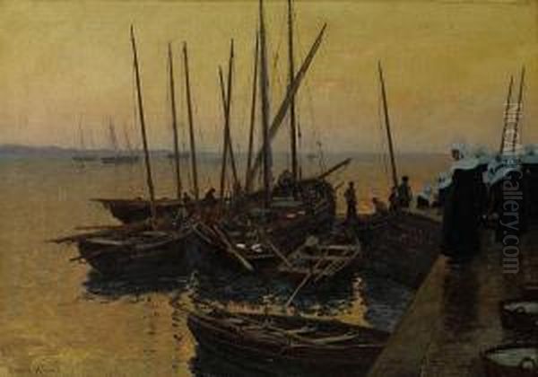 Fishing Boats Along A Pier At Sunset Oil Painting by Lionel Walden