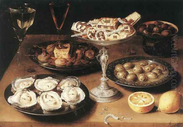 Still-Life with Oysters and Pastries 1610 Oil Painting by Osias, the Elder Beert