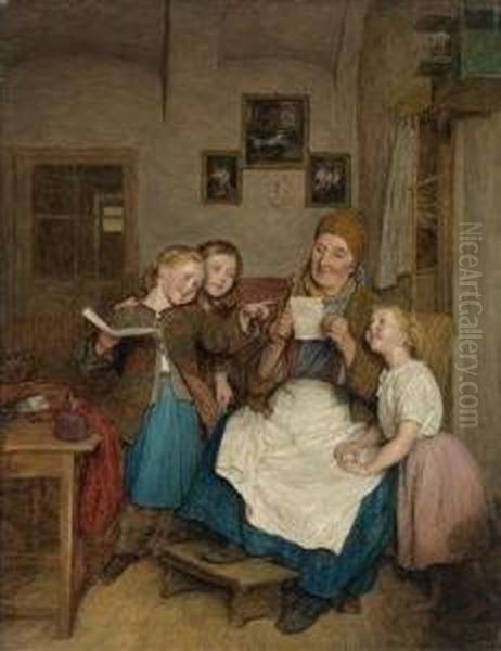 Grandmother With Three Granddaughters Oil Painting by Ferdinand Georg Waldmuller