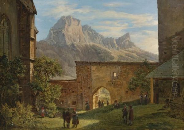 A Mountainous Village Landscape Oil Painting by Ferdinand Georg Waldmuller