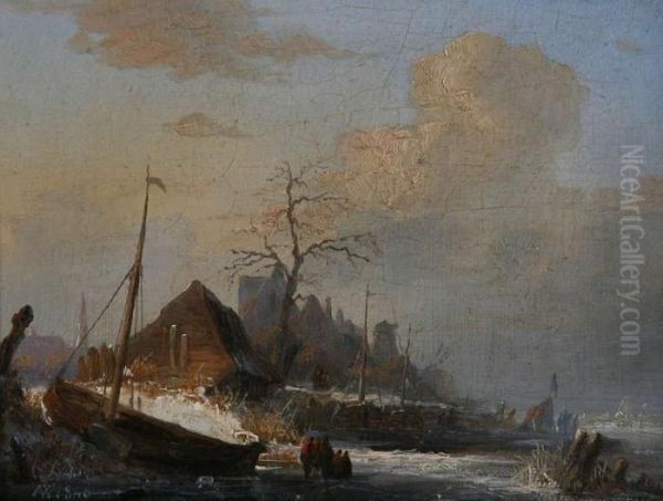 Bevroren Hollands Rivierlandschap Met Figuren Bij Houten Boot En Koek- En Zopie Oil Painting by Antonie Waldorp