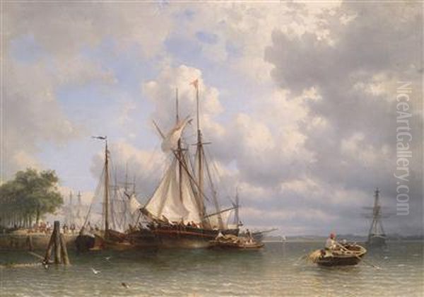 Sailing Ships In The Harbour Oil Painting by Antonie Waldorp