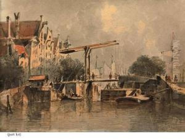 A Drawbridge In A Dutch Town Oil Painting by Antonie Waldorp