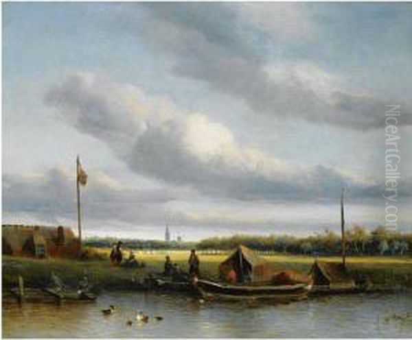 Figures By A Boat In A Summer Landscape Oil Painting by Antonie Waldorp