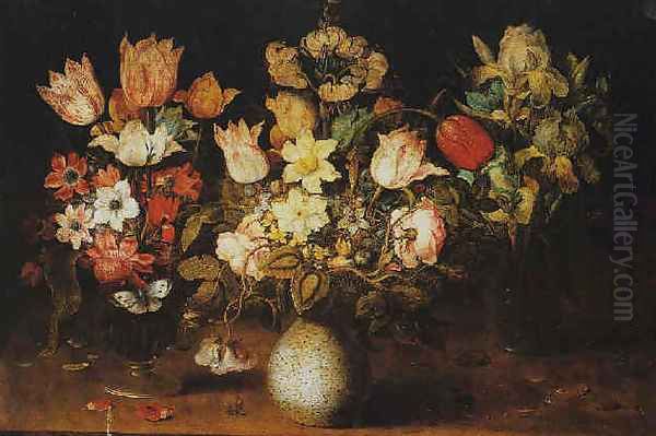 Nature morte aux trois vases de fleurs disposés sur un entablement Oil Painting by Osias, the Elder Beert