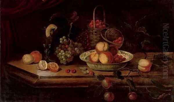 Peaches and berries in a Wanli kraak porcelain bowl with grapes, a peeled lemon and orange, a roemer and a basket of strawberries on a ledge Oil Painting by Osias, the Elder Beert