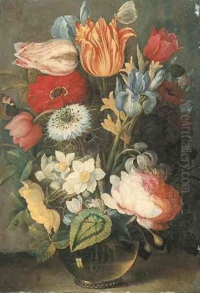 Tulips, roses, lilies, irises and other flowers in a glass vase on a ledge with butterflies Oil Painting by Osias, the Elder Beert