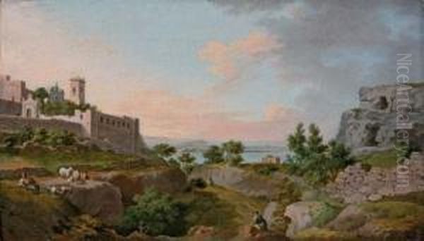 An Italianate Landscape With A Monastery, Herders In The Foreground Oil Painting by James Wales