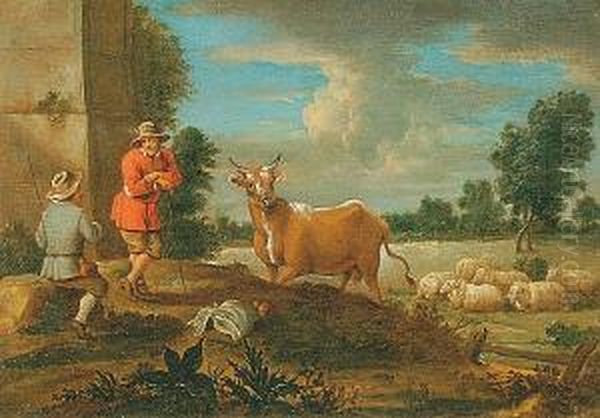 Figures, Cattle And Sheep By Moonlight Oil Painting by Jan Walfert