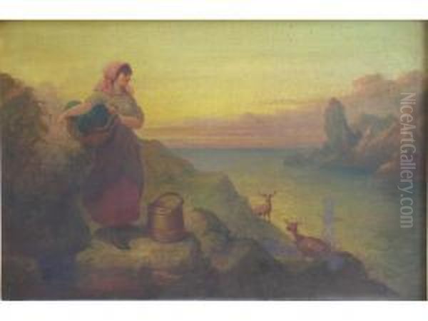 Scottish Landscape With Ladycarrying Basket On Craggy Path Beside Loch Oil Painting by E.A. Walker