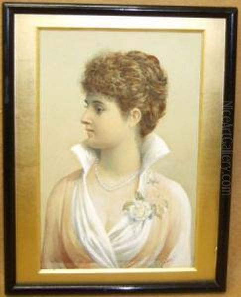 Portrait Of A Young Lady Wearing A White Rose To Her Dress Oil Painting by E.J. Walker