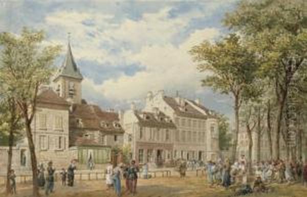 A Busy Day In A French Market Square Oil Painting by E.J. Walker